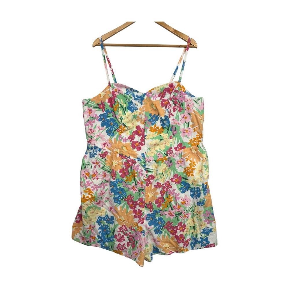 Old Navy Romper Womens 2X Linen Pink Orange Floral Tropical Boho Beach Resort